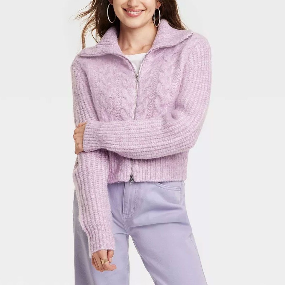 Lavender Cable Knit Zip-Up Sweater